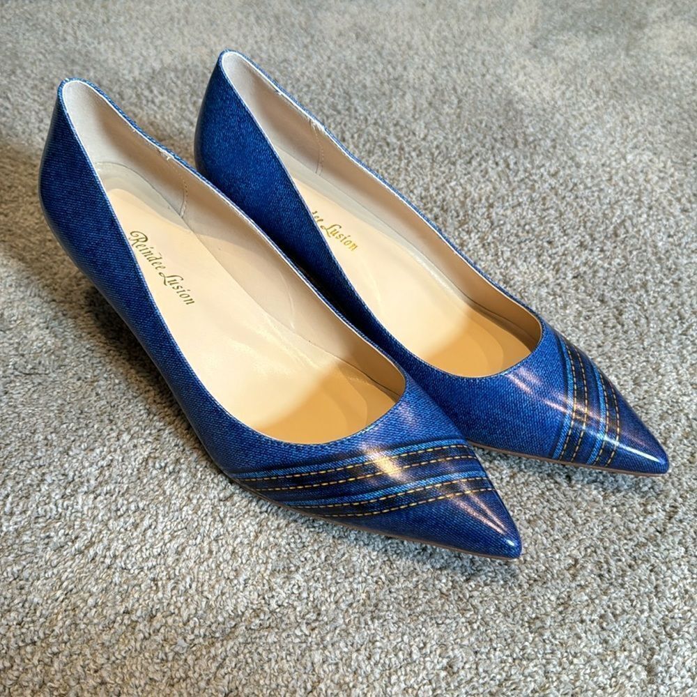 Women’s Reindee Lusion Blue Kitty Heel Pointed Toe Shoes Denim Look Size 11 NEW
